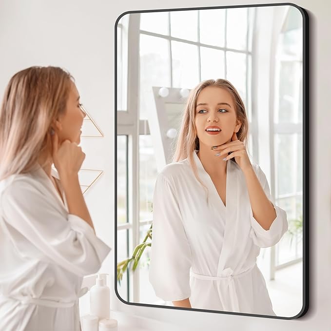 30x48 inch Bathroom Mirror,Black Rectangle Mirror,Wall Mounted Bathroom Frame Vanity Mirror with Round Corner for Bedroom Living Room, Entryway Hangs Horizontal or Vertical