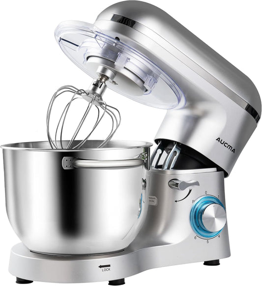 Aucma Stand Mixer,6.5-QT 660W 6-Speed Tilt-Head Food Mixer, Kitchen Electric Mixer with Dough Hook, Wire Whip & Beater (6.5QT, Silver)