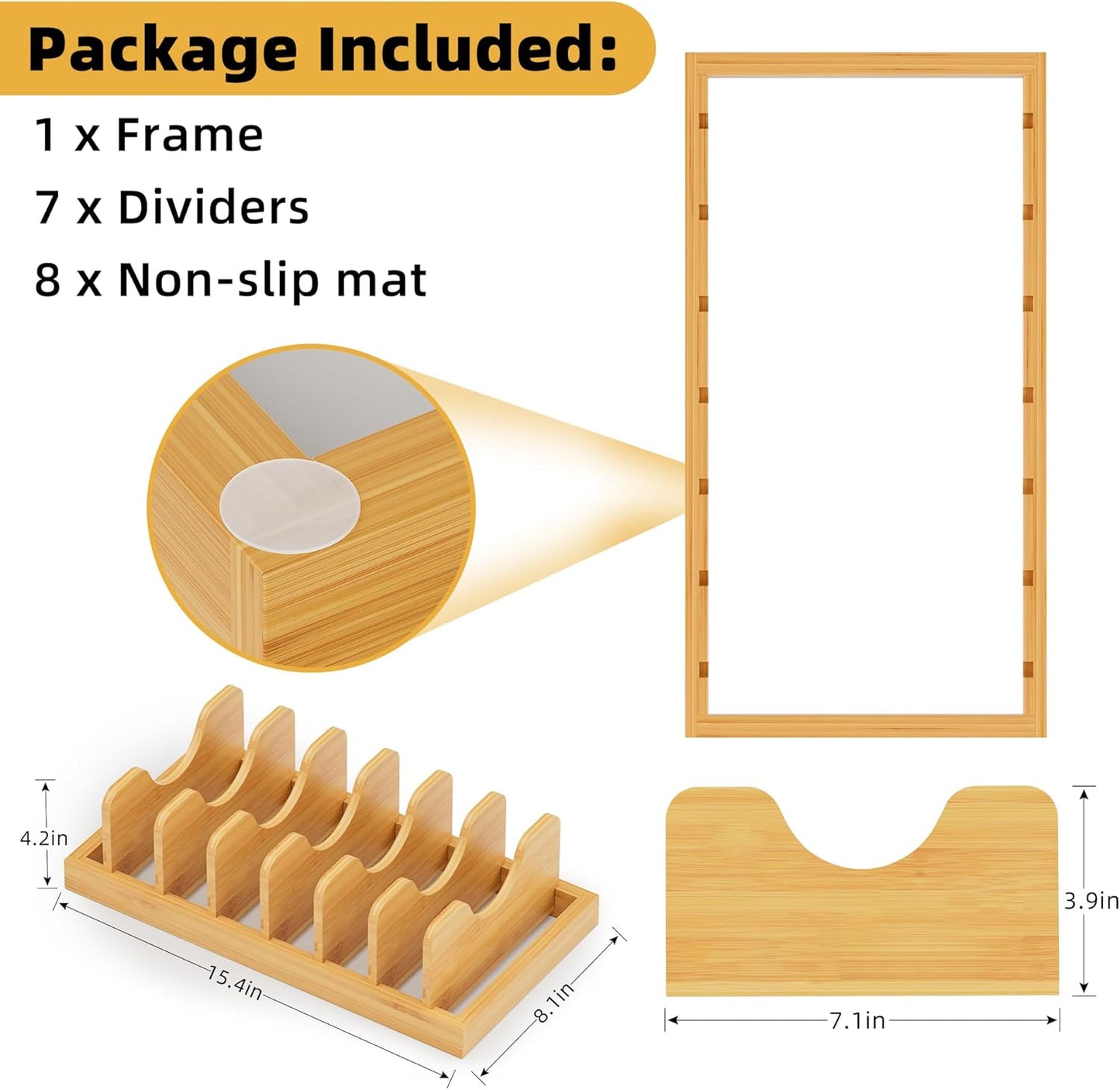 Bamboo Pot Lid Organizer Pot Lid Holder, Pot and Pan Organizer Drawer Organizer for Pot Lids, Pans, Cutting Boards & Baking Sheets, Dinner Plates, Reusable Containers in Cabinet Storage