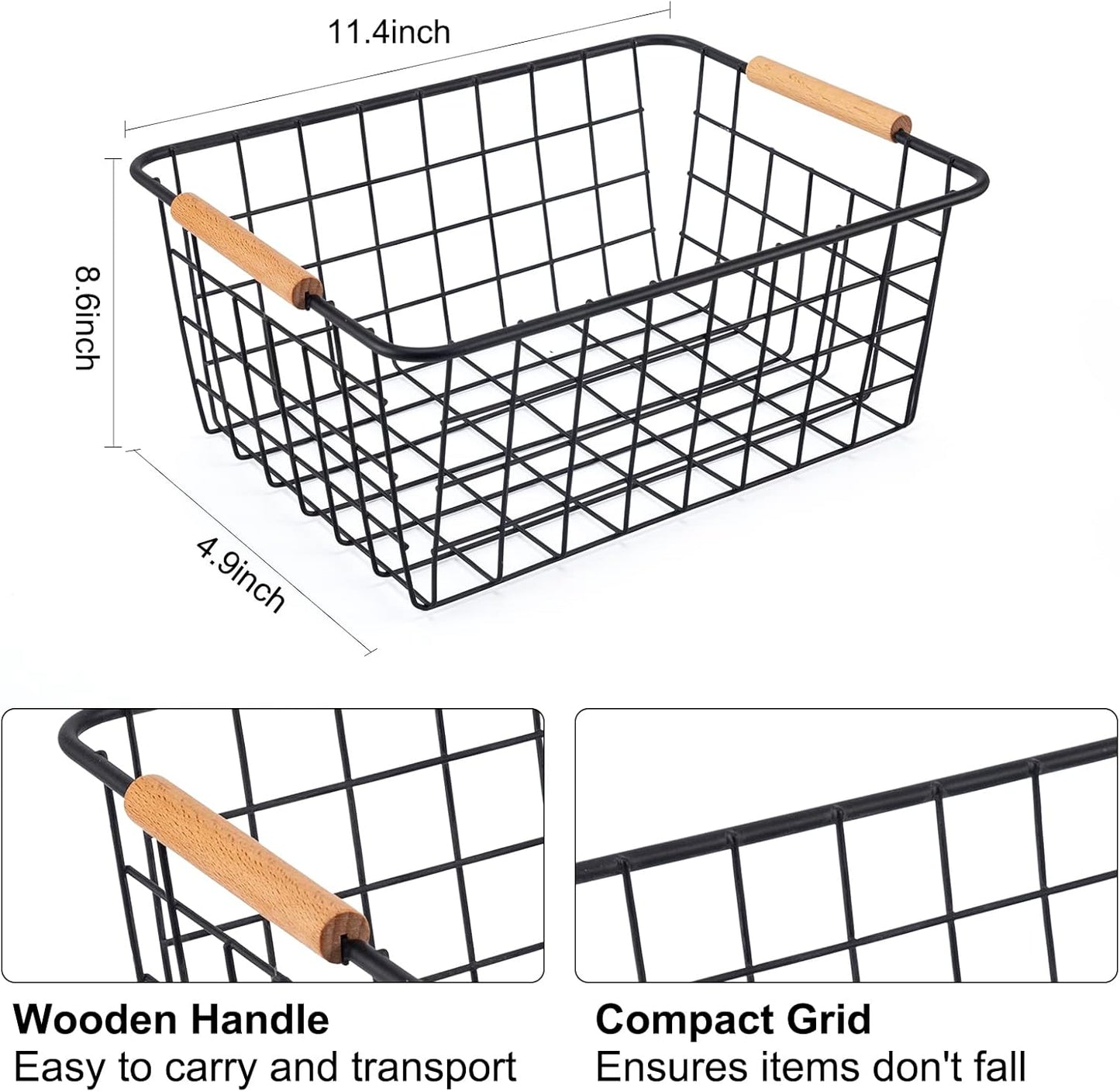 Wire Basket 4 Pcs Wire Storage Baskets Wire Baskets Organizing with Wooden Handles Wire Basket Pantry Organization and Storage Metal Wire Food Storage Basket for Kitchen, Cabinets (Black 4PCS)