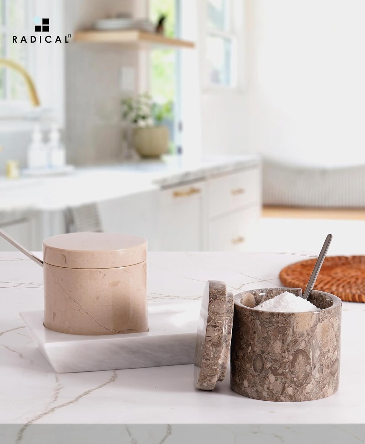 Radicaln Marble Salt Cellar With Lid and Tray 3" Inches Oceanic and Verona Handmade Salt Bowl Set of 2 For Kitchen Storage, Ideal Spice Jar
