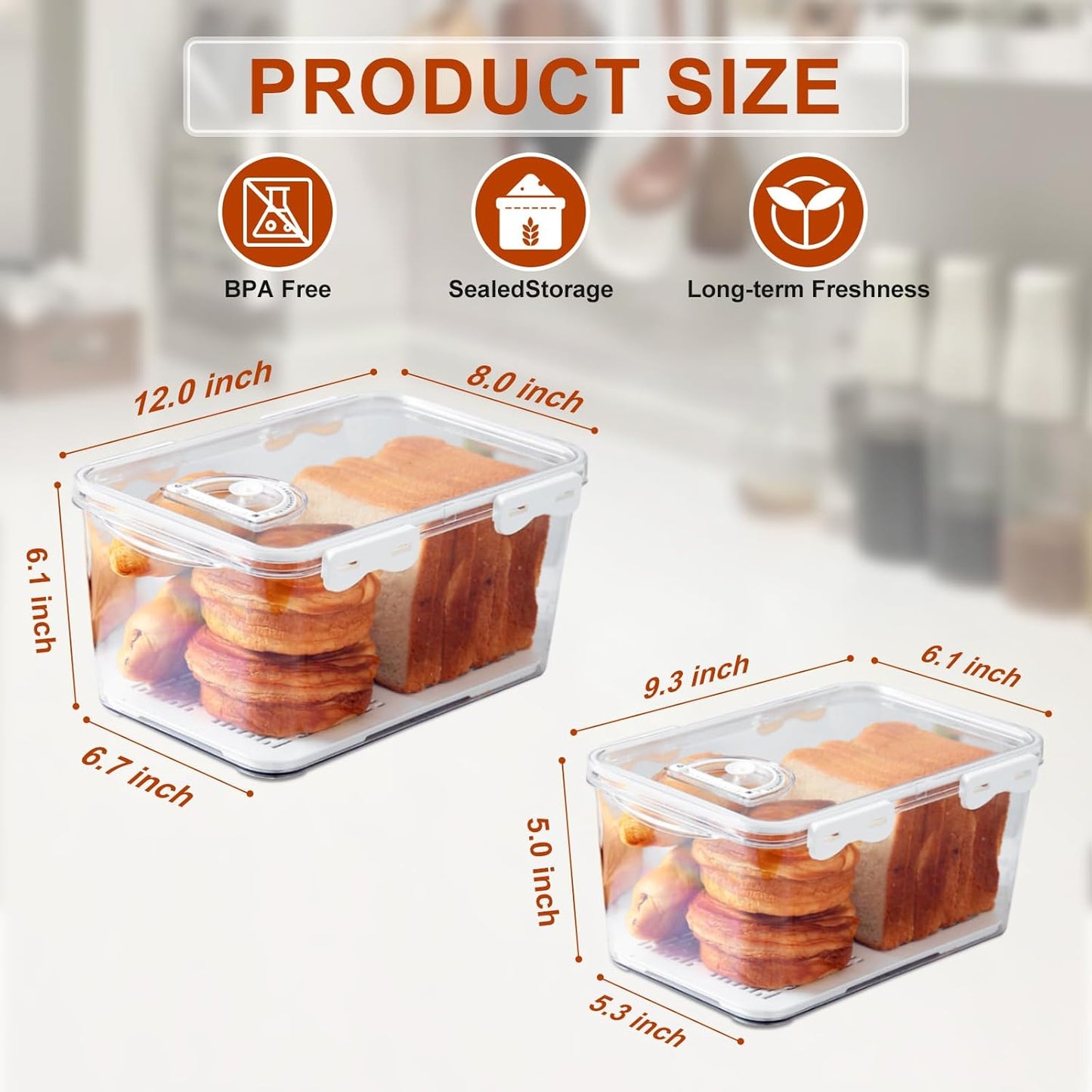 Bread Box for Kitchen Countertop, 2 Pack Airtight Bread Storage Container,Time Recording Bread Holder with Lid,Bread Keeper for Homemade Bread, Toast, Bagel, Donut and Cookies(White)