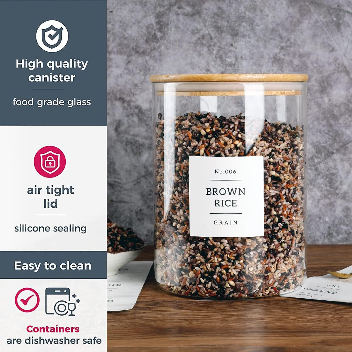 Large Glass Storage Jars With Airtight Bamboo Lid - 100 Fl Oz Thicken Kitchen Glass Food Storage Canister With 42 Pantry Labels - Big Clear Flour And Sugar Containers Farmhouse