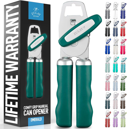 Zulay Kitchen Heavy Duty Stainless Steel Can Opener Manual with Bottle Opener - Rust Proof Manual Can Opener With Turn Knob & Comfy Soft Grip Handles - Emerald