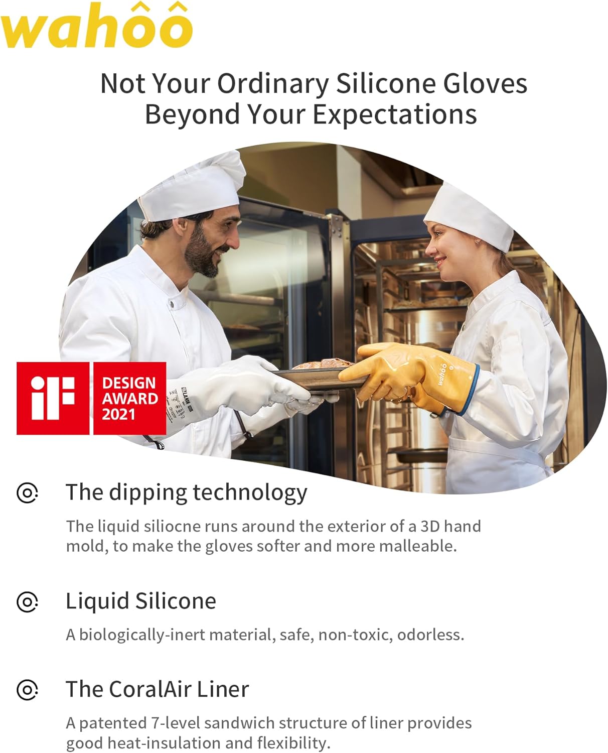 wahoo Professional Liquid Silicone Oven Mitts Gloves, Heat Resistant Gloves for Cooking, Baking, CoralAir Liner, 12 Inch, Yellow, Medium