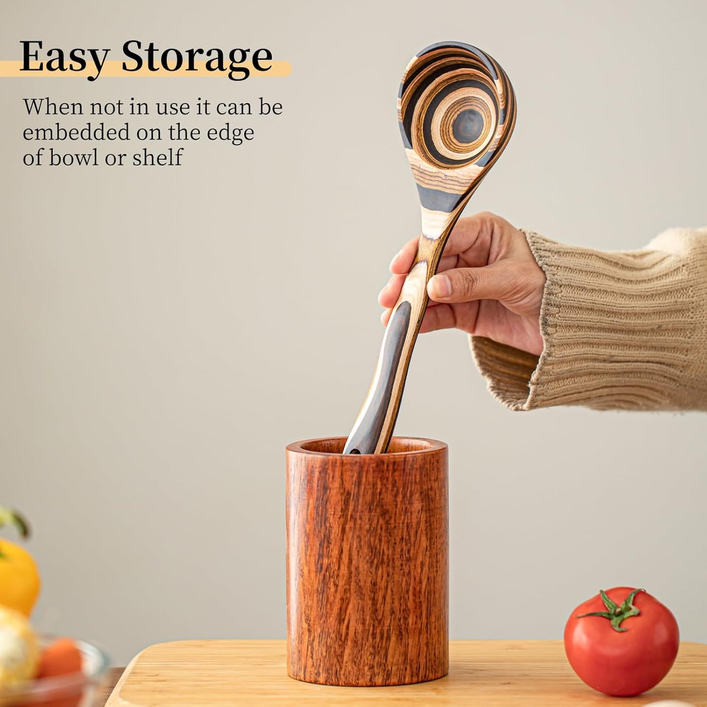 Gudamaye Pakkawood Deep Soup Ladles, 10.6 inch Big Wooden Ladle for Cooking, Wooden Kitchen Utensils Set