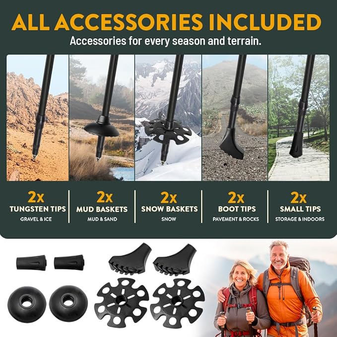 Premium Foldable Hiking Poles by USA Brand - Adjustable, Lightweight Trekking Poles Made of Aircraft Aluminum, Metal Flip Locks & Comfortable Real Cork and EVA Foam Grips