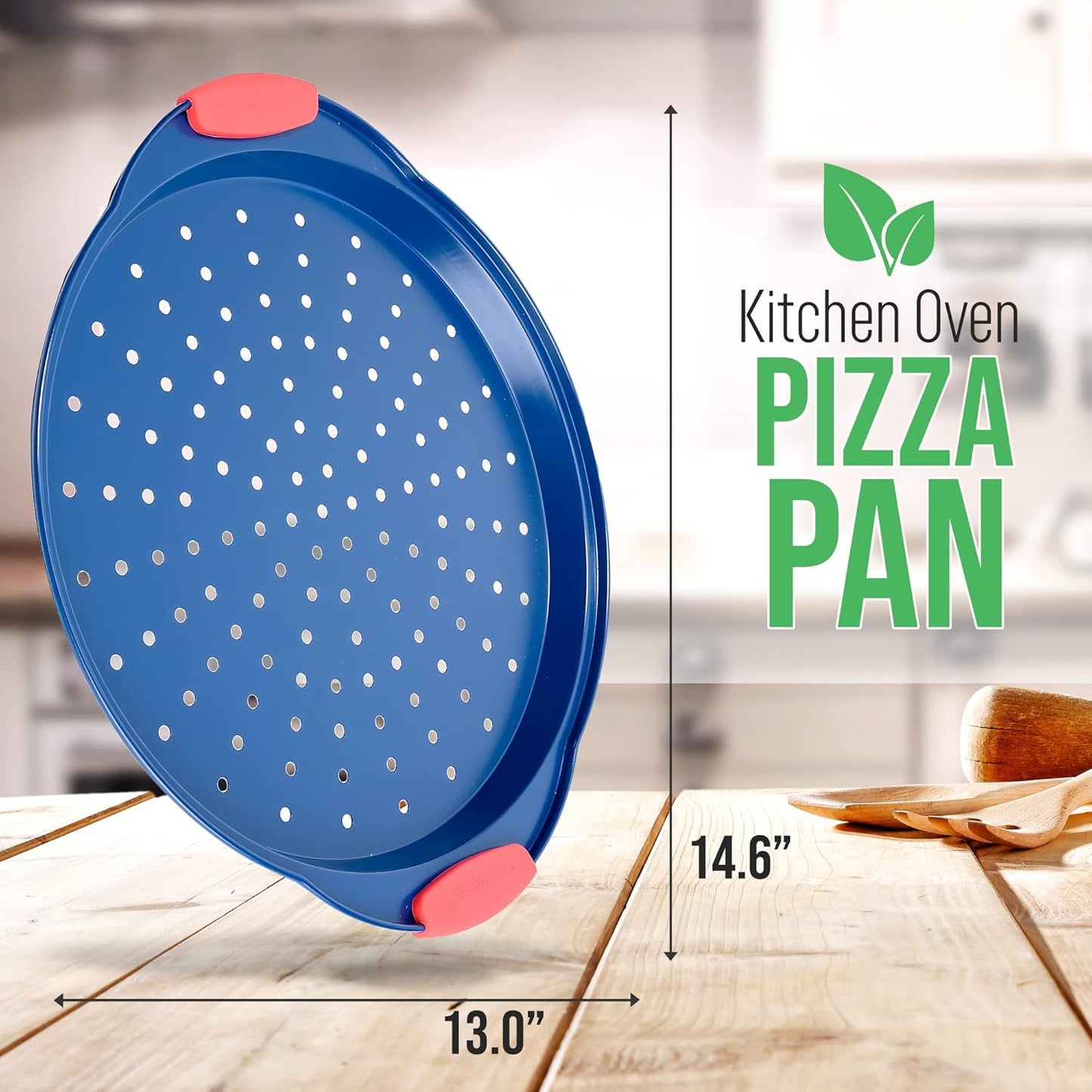 NutriChef 13-Inch Nonstick Pizza Tray - Round Carbon Steel Non-Stick Pizza Baking Pan with Perforated Holes, Premium Bakeware Pizza Screen with Silicone Grip Handles, Dishwasher Safe - Blue