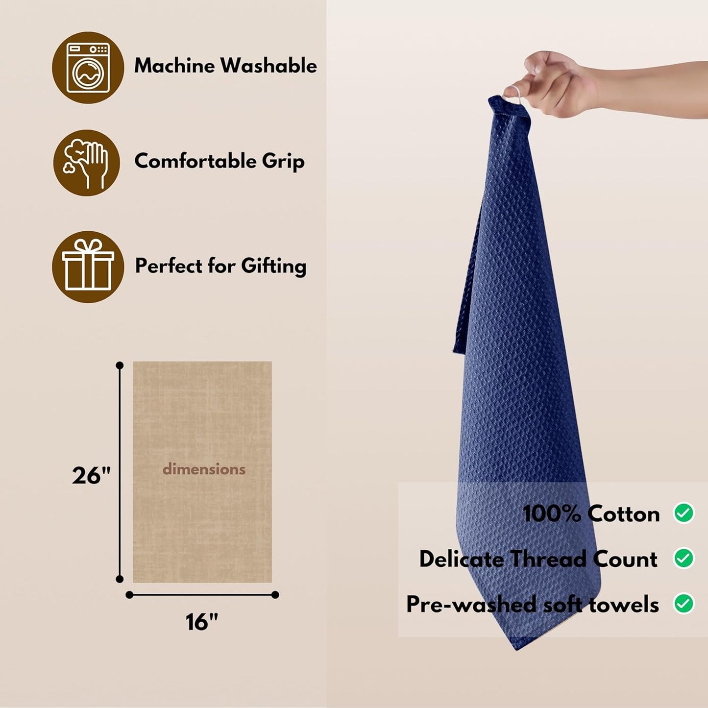 Native Fab Waffle Kitchen Towels - 12 Pack, 100% Cotton Soft, Absorbent, Durable, Washable Dish Towels, Quick Drying, Dishcloths for Cleaning, Cooking, Everyday Kitchen Tasks, 16x26 inches - Ink Blue