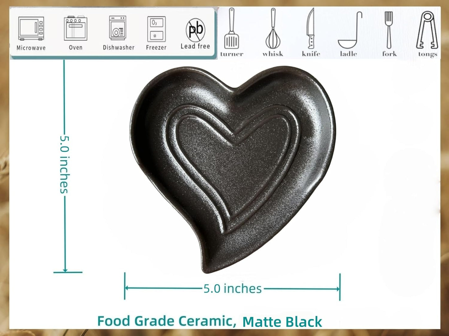 Ceramic Spoon Rest for Stove Top, Heart Cute Spoon Rest for Kitchen Counter, Cooking Spoon Holder for Kitchen Counter, Utensil Rest Spatula Rest Ladle Holder Tong Rest (Matte Black)