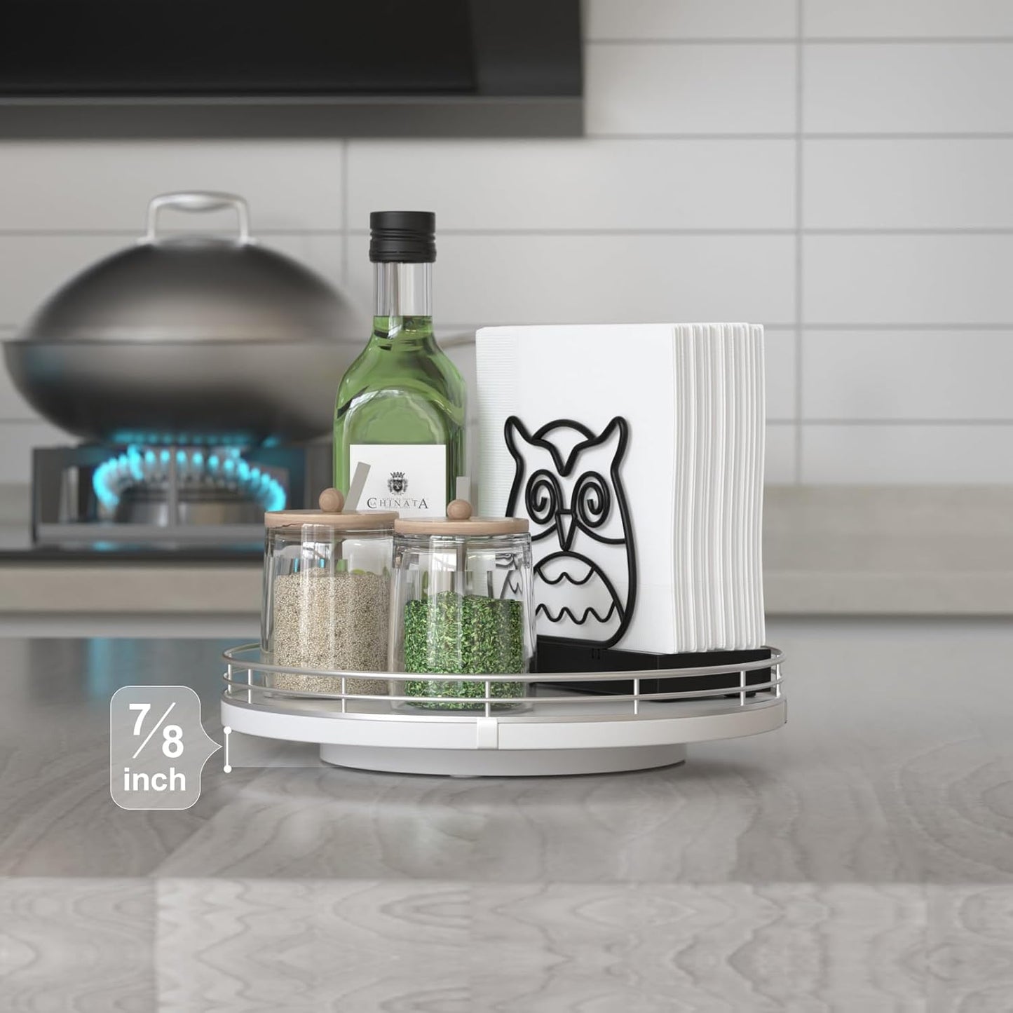 9" Oak Wood Lazy Susan Organizer, Lazy Susan for Cabinet Dining Table Pantry Wood Turntable Organizer Tray for Coffee Table Kitchen Countertop Salt Pepper Spice Organization and Storage Round Silver