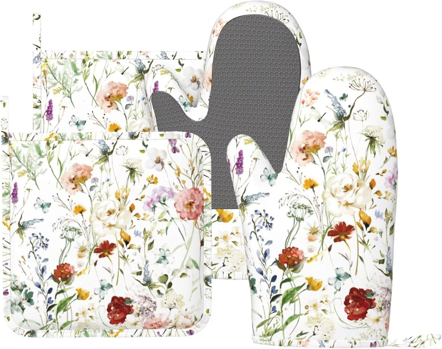 Wildflower Flower Oven Mitts and Pot Holders Set of 4 Silicone Boho Butterfly Hydrangea Kitchen Mitten Gloves and Watercolor Florals Potholders Set Oven Gloves Hot Holders for Kitchen