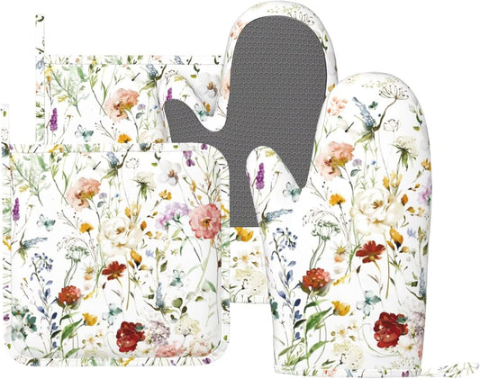 Wildflower Flower Oven Mitts and Pot Holders Set of 4 Silicone Boho Butterfly Hydrangea Kitchen Mitten Gloves and Watercolor Florals Potholders Set Oven Gloves Hot Holders for Kitchen