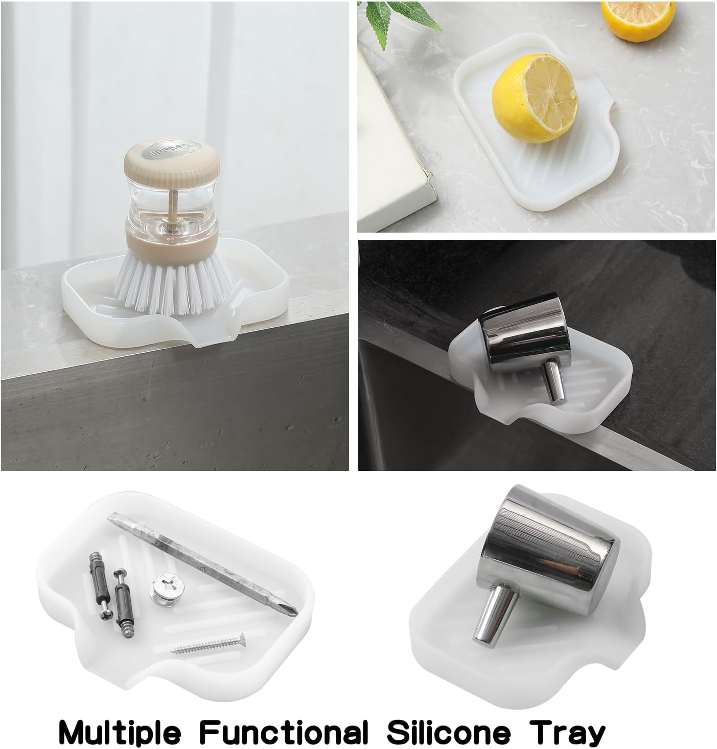 Silicone Bathroom Soap Dishes with Drain Spout-Bathroom and Kitchen Sink Organizer,Sponge Holder,Dish Soap Tray,Perfect for Dispenser,Scrubber,Bottle,Cup on Counter Translucent 4.9"×3.2"