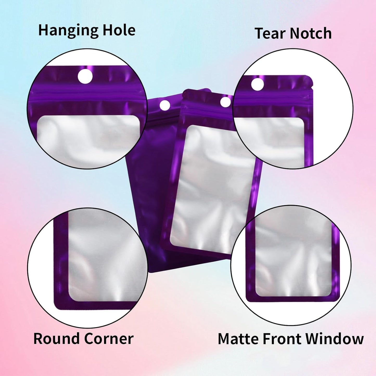 200 Pack Resealable Mylar Holographic Bags Food Storage Smell Proof Bags with Front Window Foil Packaging Pouch for Candy Sample Jewelry Small Business 2.95×4.72 Inch, Purple