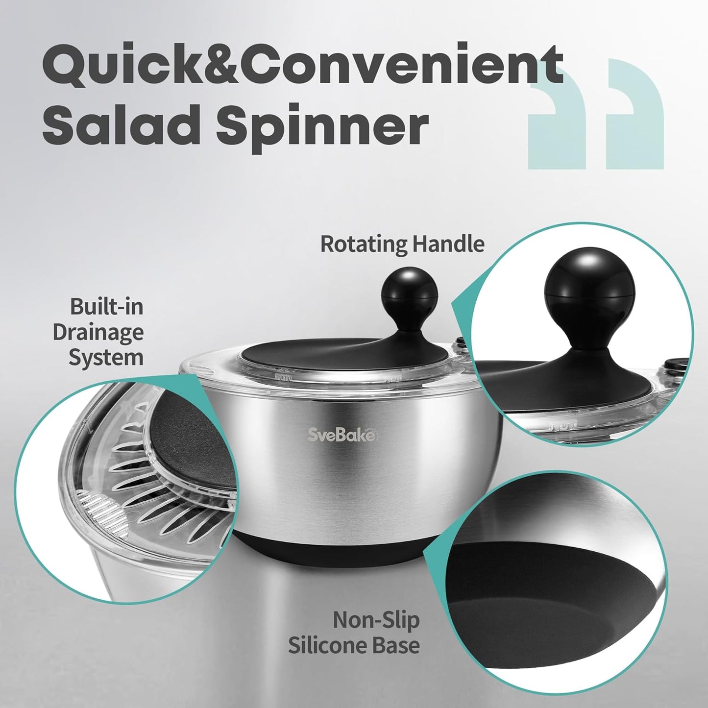 5.3Qt Stainless Steel Salad Spinner with Stop Button, BPA-Free Vegetable Lettuce Spinner, Transparent Lid & Drainage Hole, Non-Slip Base, Dishwasher Safe Fruit Washer
