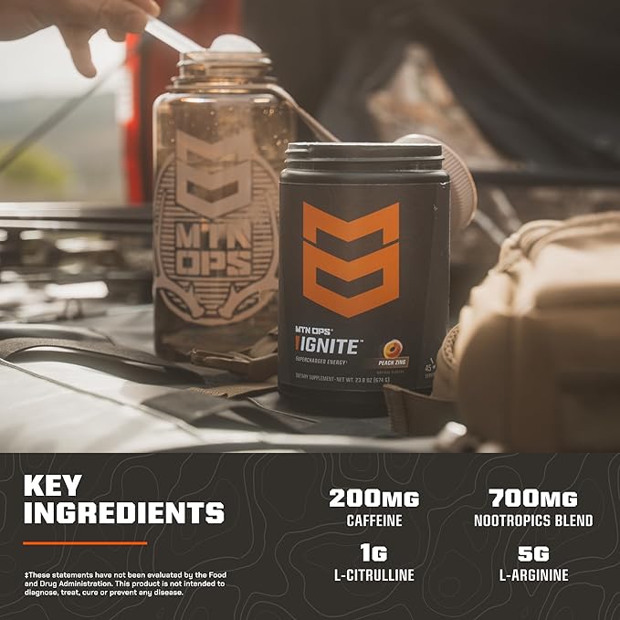 MTN OPS Ignite Energy Drink Powder, Gluten Free Nootropic Supplement Drink Mix, L Arginine, L Citrulline, Caffeine & Nootropic Sugar Free Drink Mix, 45 Servings, Blue Raspberry Lemonade