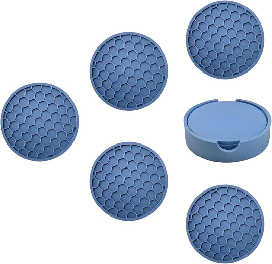 5-Piece Silicone Coasters Set with Holder - 3.9“ Non-Slip & Anti-Overflow Design for Hot/Cold Drinks | Thickened Kitchen & Living Room Decor, Housewarming Gifts for Men (Coffee, Beer, All Cup Types)