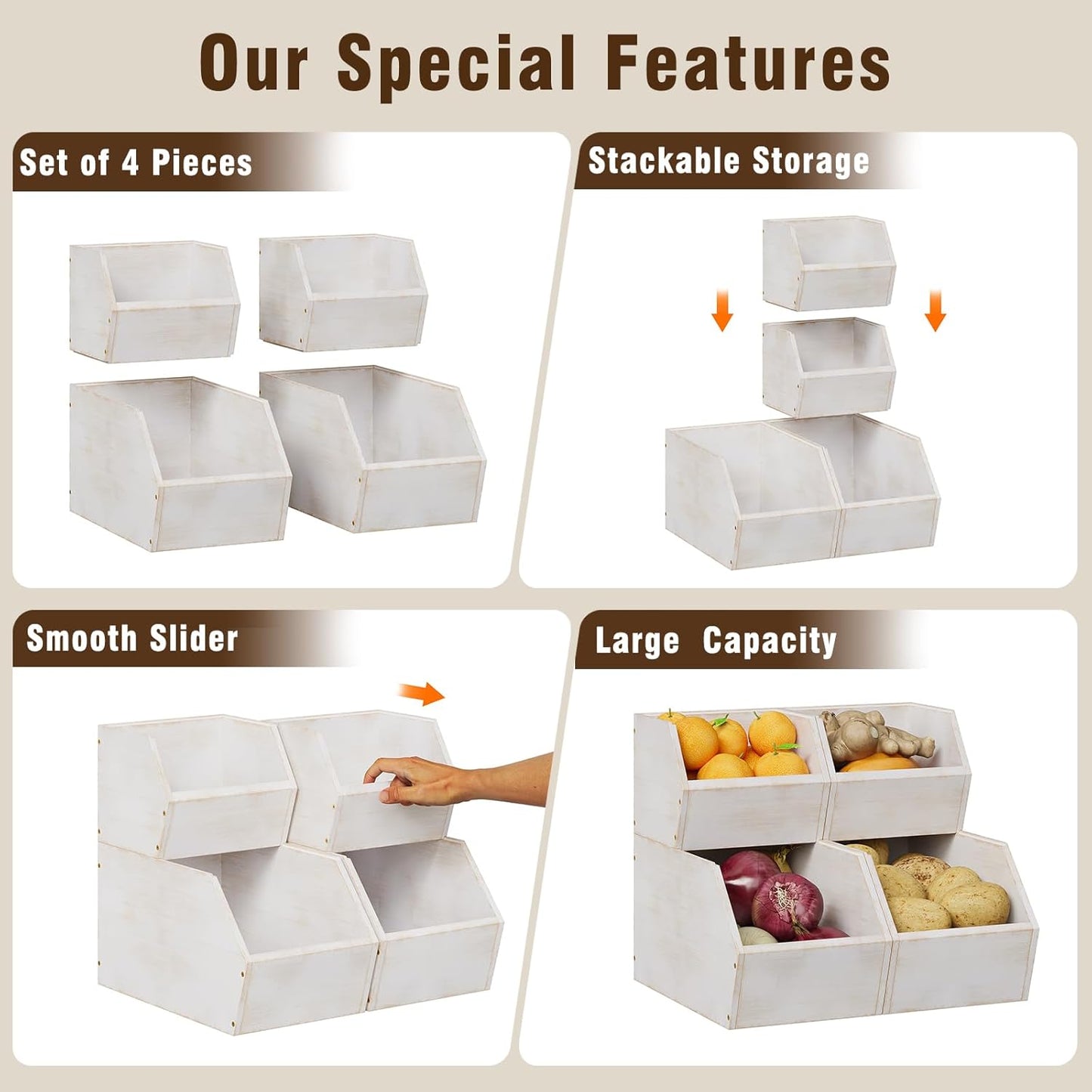 2 Set Bamboo Pantry Storage Bins Wood Stackable Baskets Potato and Onion Storage Bins Fruits Vegetable Bread Organization for Kitchen Counter