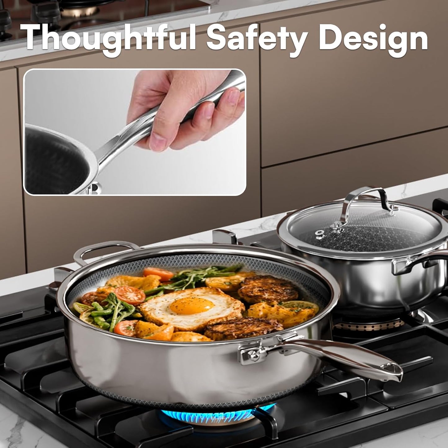 5 Qt Saute Pan with Lid, 5 Ply Stainless Steel Pan with Lid, Non Stick Frying Pans, Cooking Pot Deep Frying Pan Non-Toxic, For Induction, Oven, Dishwasher Safe