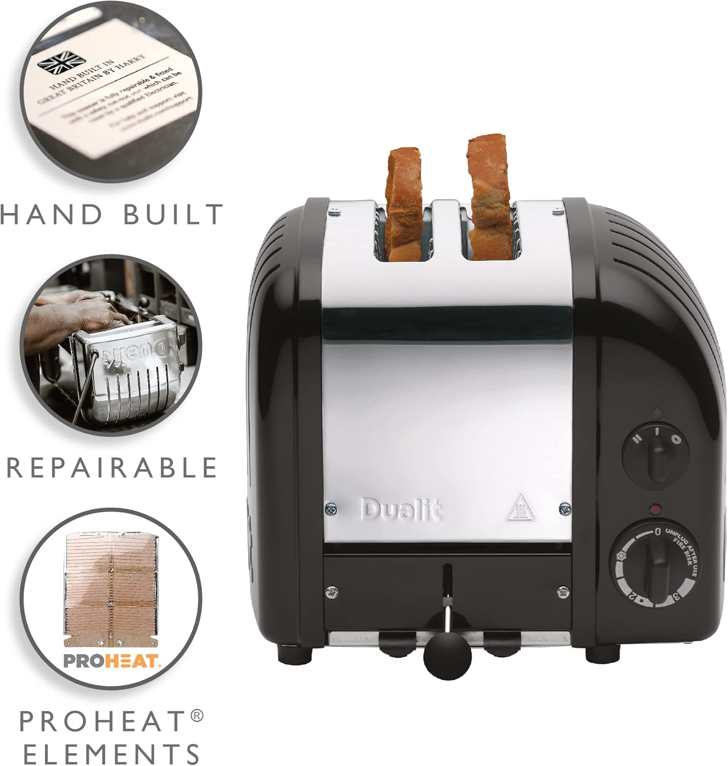 Dualit Classic 2 Slice NewGen Toaster - Stainless Steel - Hand Built in the UK - Replaceable ProHeat elements - Defrost Bread - Mechanical Timer - Matt Black Classic Toaster
