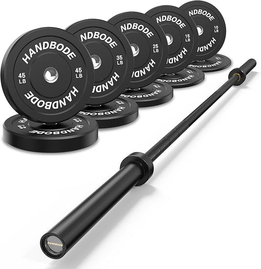 Olympic Bumper Plates Set 2 Inch, 10-55 lbs Rubber Weight Plates with 45 lb (20kg) Black/Silver Barbell, Strength Training & Weight Lifting for Home Gym