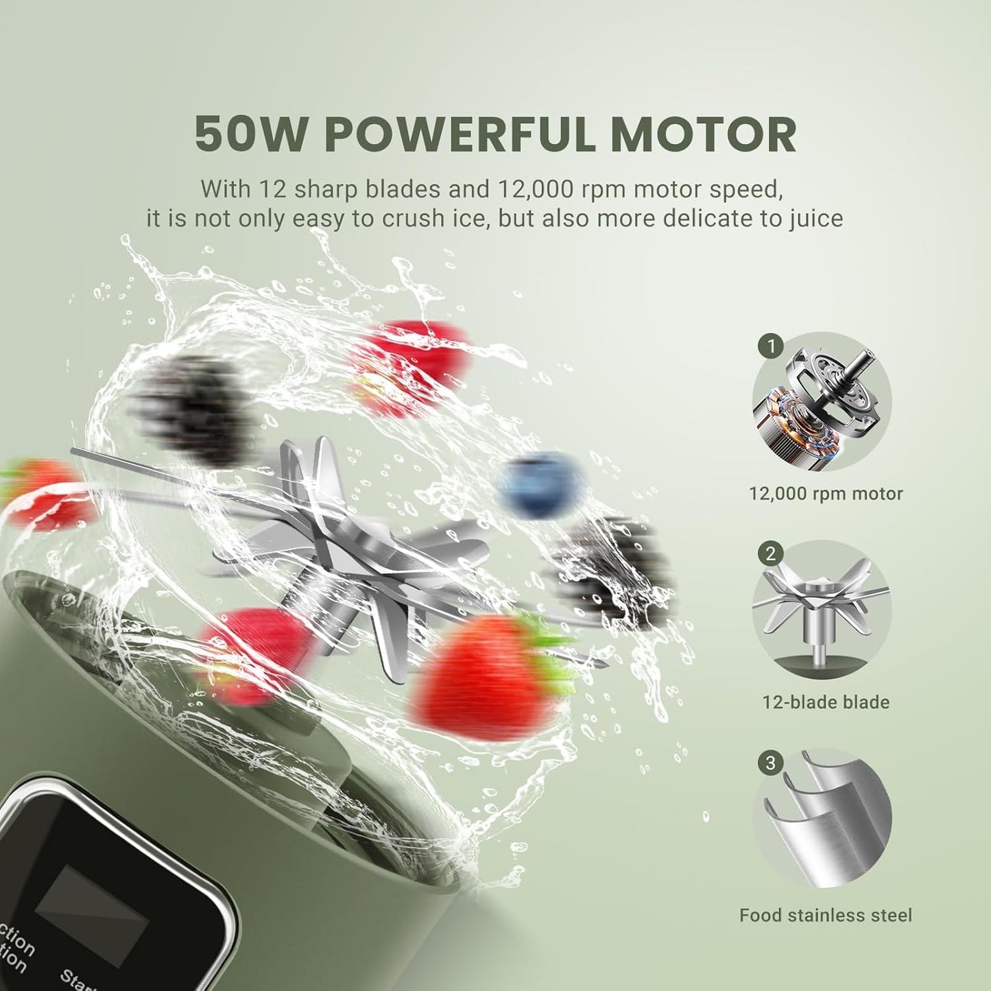 Portable Personal Electric USB Juicer，500ML Mini Blender Portable Blender For Shakes and Smoothies juice，12 Blades Great for Mixing，Compact、Convenient and Versatile (Green)