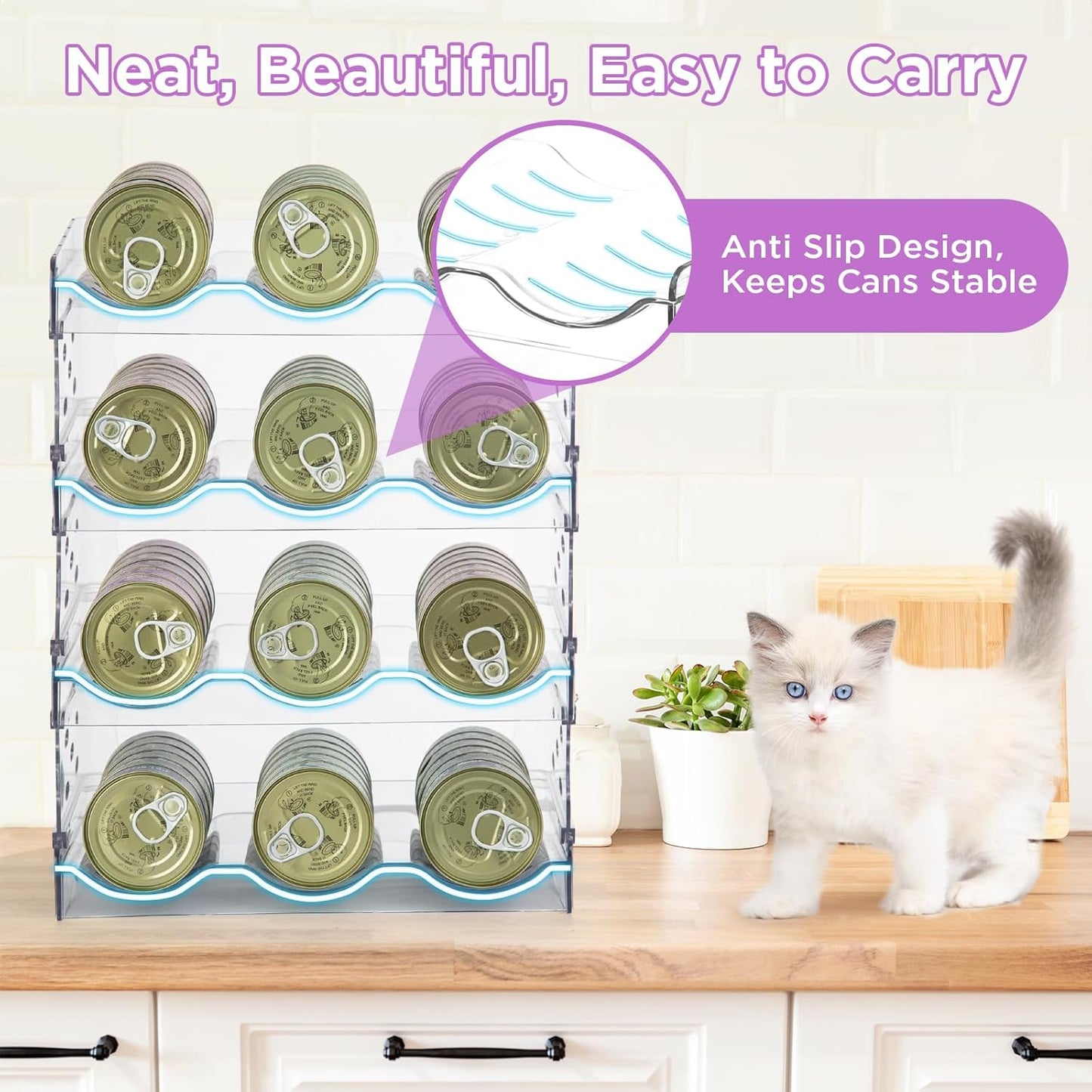 REFLYING Cat Food Can Organizer, 4-Layer Transparent Cat Food Storage Container Holds 72 (3.5oz) Cans, Canned Cat Food Organizer and Storage for Countertop Kitchen Cabinet or Pantry Shelf (4 Layers)