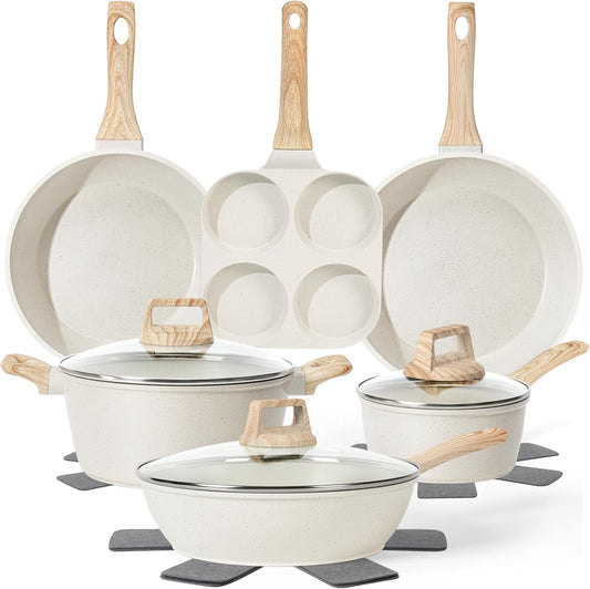 13 Pcs Pots and Pans Set, Nonstick Cookware Sets White Granite Induction Cookware, Non-toxic Healthy Non stick Kitchen Cooking Set with Frying Pans Set, Saucepans (PFAS/PFOA/PFOS Free)