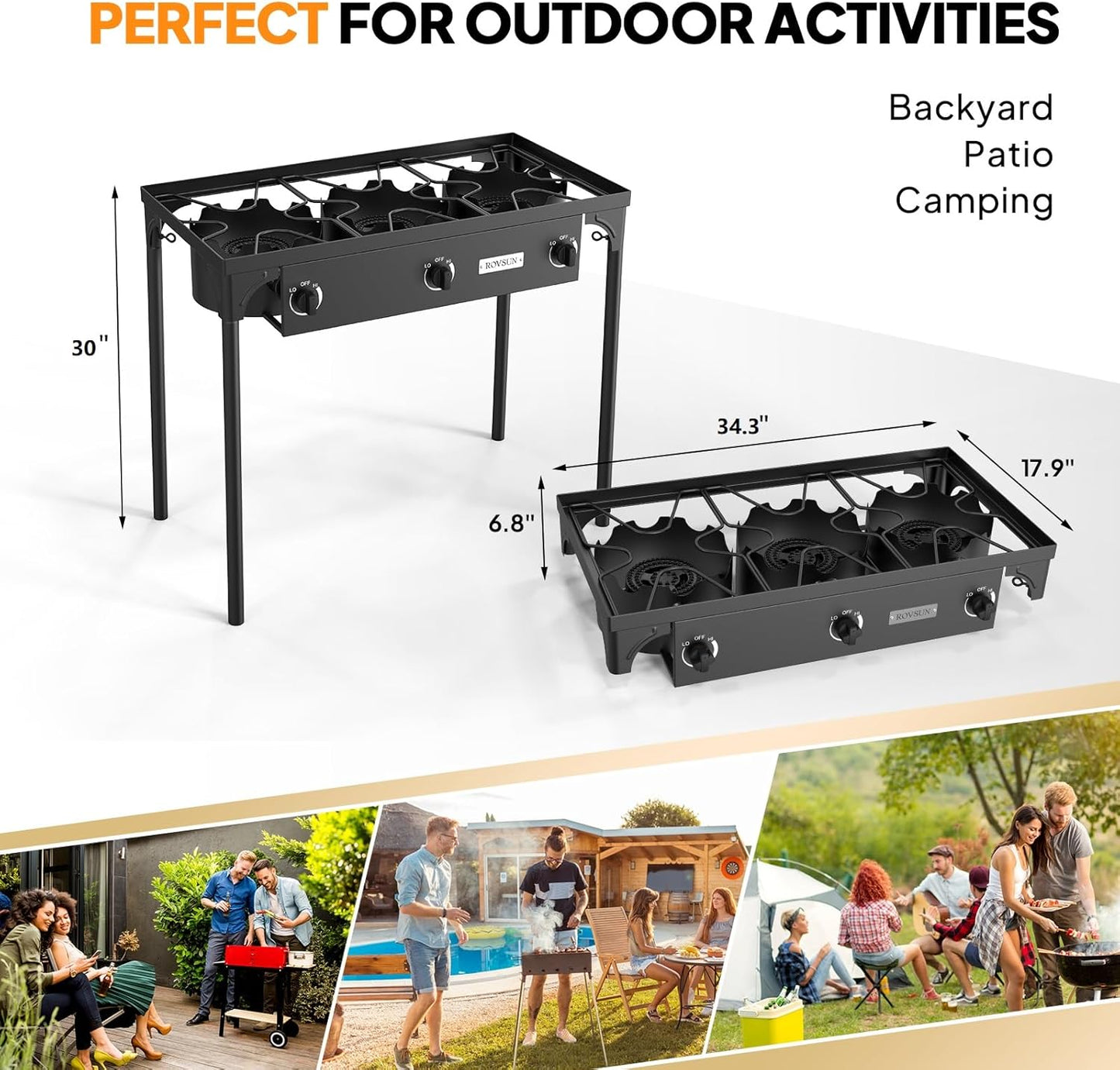 ROVSUN 3 Burner Propane Gas Stove, 225,000 BTU High Pressure Outdoor Camping Burner with CSA Listed Regulator, Picnic Cooker Perfect for Home Brewing Maple Syrup Patio Turkey Frying Canning