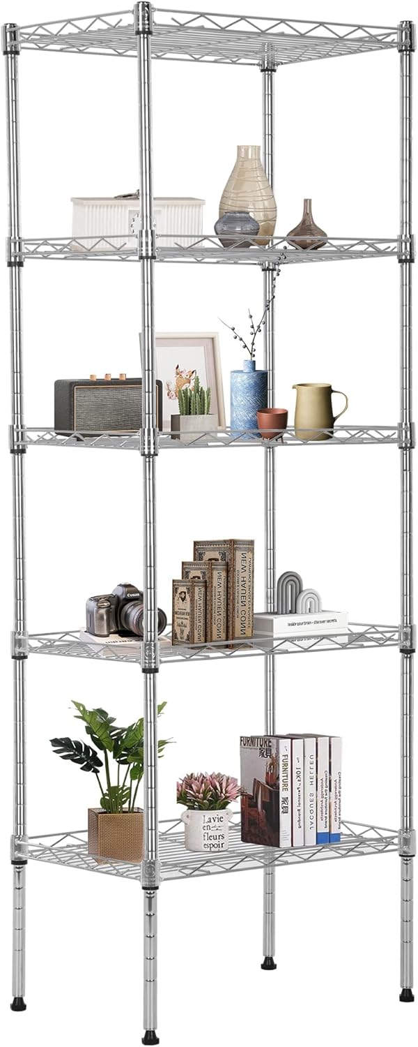 FDW 5 Tier Wire Shelving Adjustable Metal Shelves 17L x 12W x 48H NSF Pantry Shelves Storage Rack Shelving Units for Kitchen Garage Small Places Commercial,Chrome