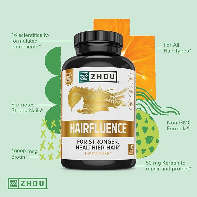 Zhou Hairfluence - Vegan Biotin Supplement for Hair Growth for Men & Women, Lustriva Hair Growth Supplement for Nails & Glowing Skin with B Vitamin Complex & Keranat - 120 Capsules (Pack of 1)