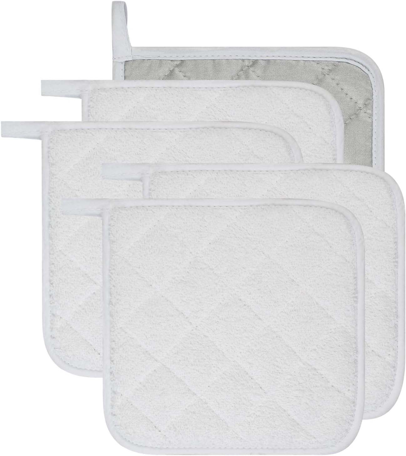 100% Cotton Kitchen Everyday Basic Terry Pot Holder Heat Resistant Coaster Potholder for Cooking and Baking Set of 5 White
