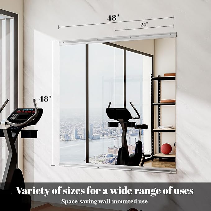 Home Gym Mirror - 2 PCS 24×48 inches, Large Wall Mounted Frameless Full Length Body Mirror for Dancing Studio, Exercise, Fineness, Yoga, Tempered Glass