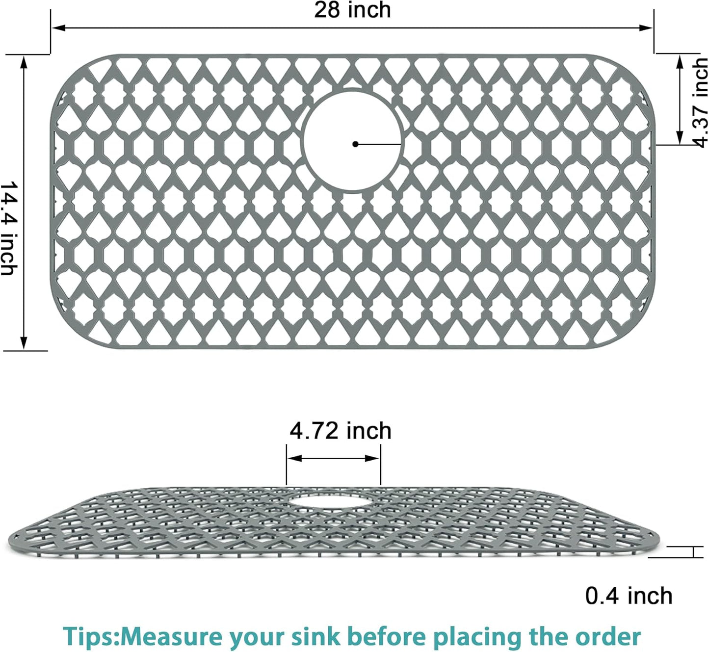 Sink Protectors for Kitchen Sink 13x11 &16x12 &19x14 &21x16 &22x13 &24x13 &26x14 &28x14 &30x16, Large Silicone Sink Mats Grid for Bottom of Farmhouse Sink (28”x14.4”, Rear Drain)