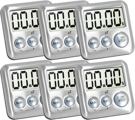 Elegant Digital Kitchen Timer Stainless Steel - Silver - Strong Magnetic Back - Kickstand - Loud Alarm - Large Display - Auto Memory - Auto Shut-Off - Model eT-26 (Silver 6-Pack) by eTradewinds