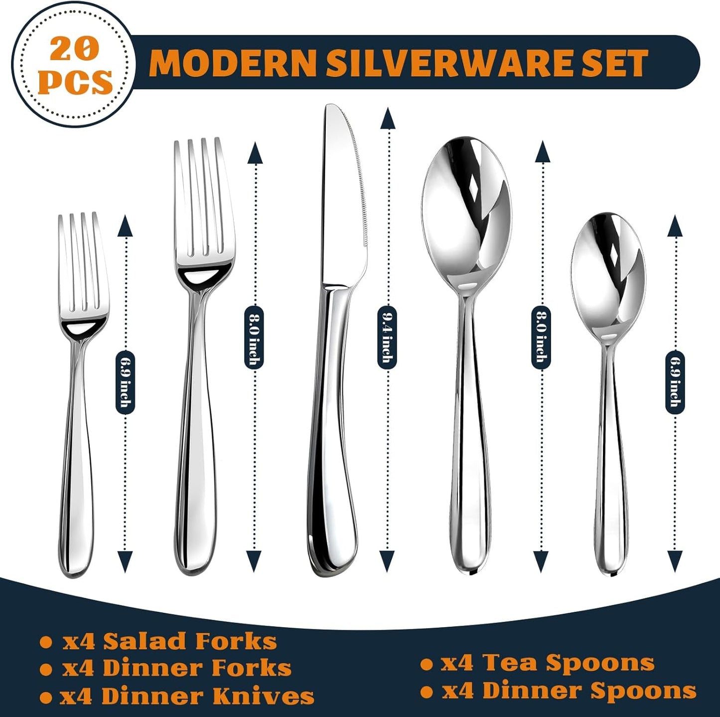 Silverware Set for 4, Heavy Duty Stainless Steel Cutlery Set Flatware Set,20 Piece Premium Silverware, Mirror Polished Modern Cutlery include Fork Knife Spoon Set,Dishwasher Safe