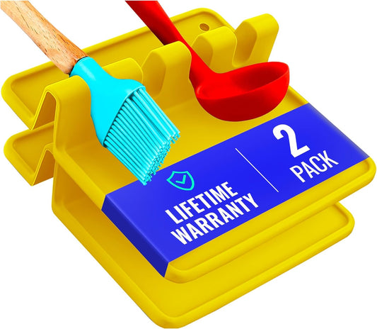 Silicone Spoon Rest for Stove Top with Drip Pad (Two Pack) - Heat Resistant BPA Free Utensil Rest & Spoon Holder for Kitchen Counter - Grill Utensil Holder - Spatula Holder, Tongs, Ladle - Yellow