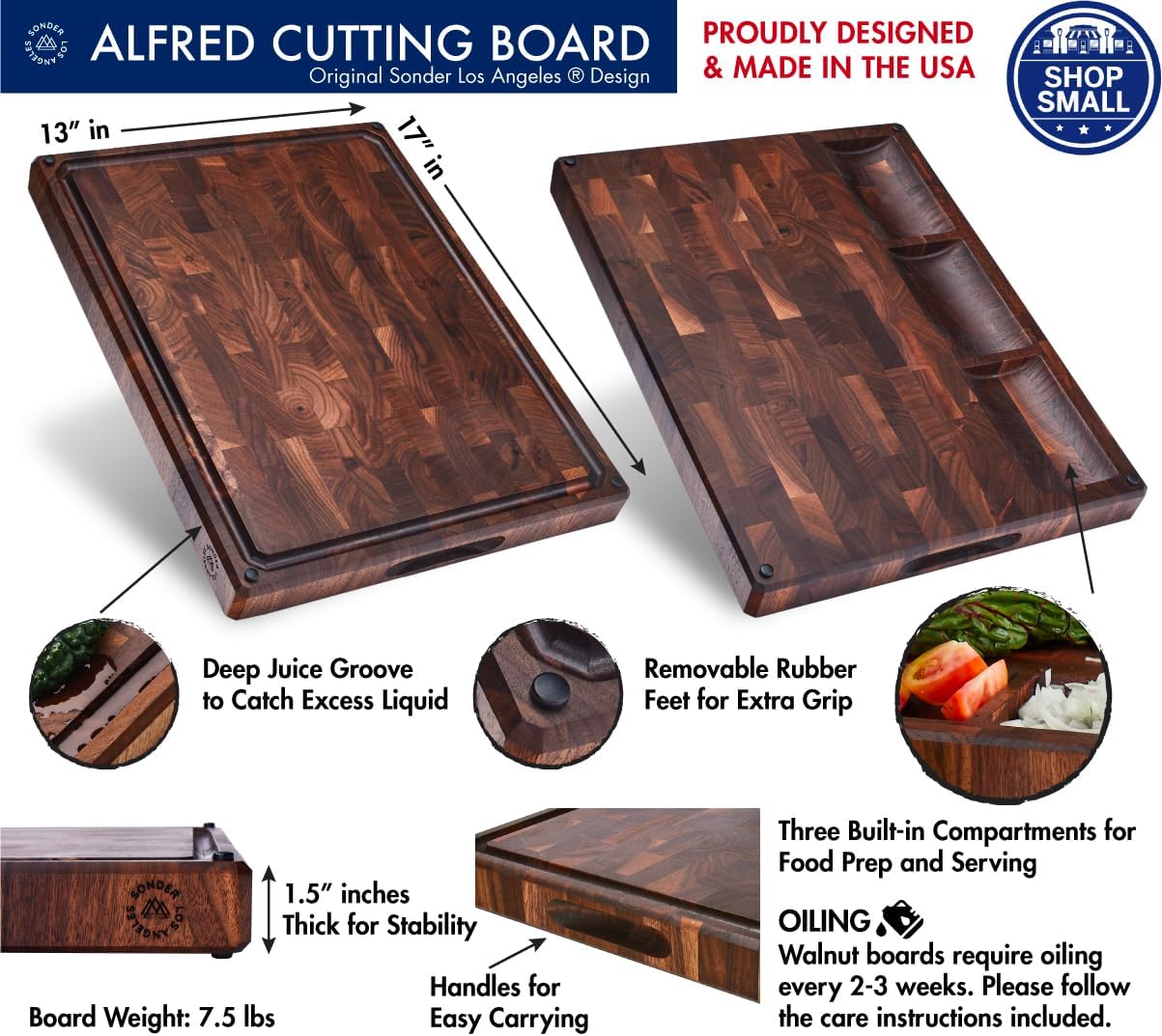 Sonder Los Angeles, Made in USA, Large Thick End Grain Walnut Wood Cutting Board with Non-Slip Feet, Juice Groove, Sorting Compartments for Kitchen 17x13x1.5 in (Gift Box Included)