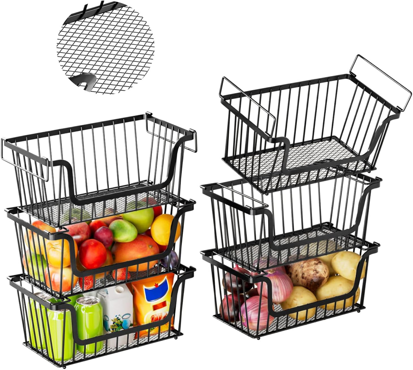Enhanced Leak-Proof Bottom Stackable Wire Baskets, 6 Pack Pantry Organizers and Storage, pantry storage，Shelf Baskets, Fruit Basket, Potato and Onion Storage Bins，(Black)