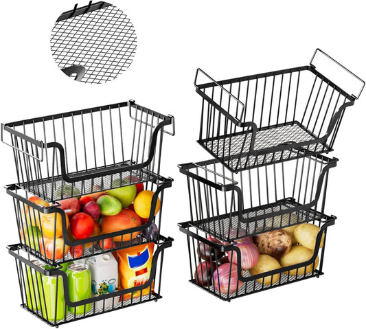 Enhanced Leak-Proof Bottom Stackable Wire Baskets, 6 Pack Pantry Organizers and Storage, pantry storage，Shelf Baskets, Fruit Basket, Potato and Onion Storage Bins，(Black)