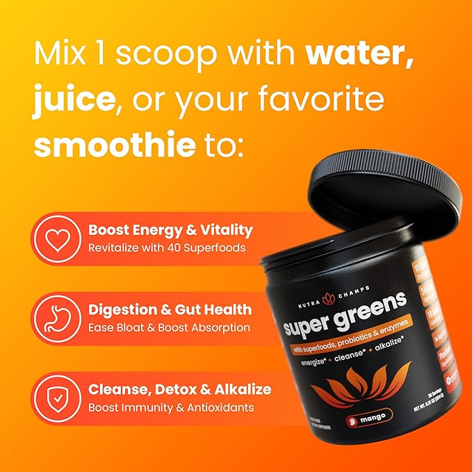 NutraChamps Super Greens Powder Premium Superfood | 20+ Organic Green Veggie Whole Foods | Wheat Grass, Spirulina, Chlorella | Antioxidant, Digestive Enzyme & Probiotic Blends (9.0 OZ, Mango)