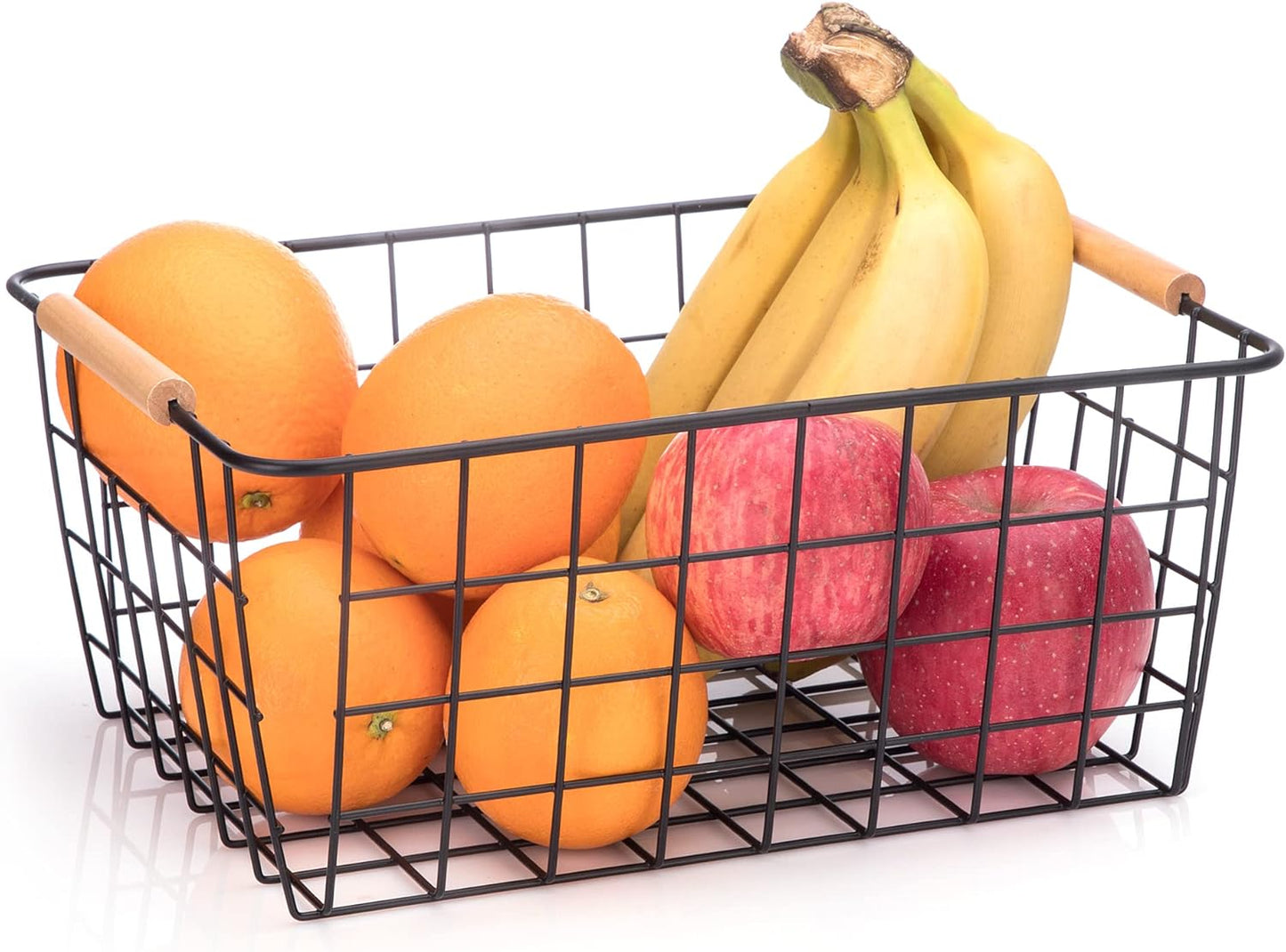 Metal Wire Food Storage Basket Organizer with Wooden Handles for Organizing pantry organizers and storage Kitchen Cabinets, 2 Packs-Black