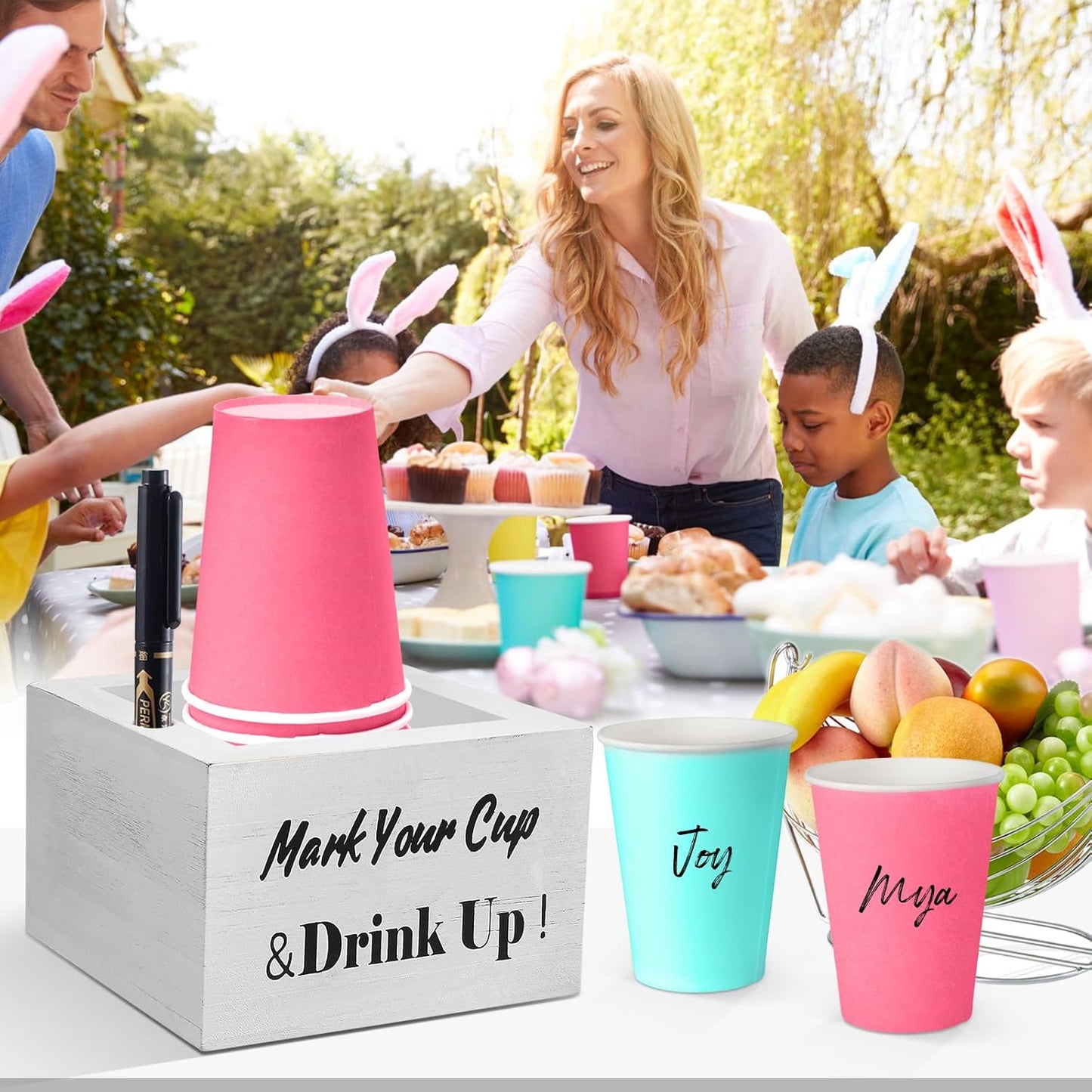 Wooden Cup Holder - Party Cup Holder with Marker Slot, Cup Holder for Party and Wedding, Rustic Disposable Cup Holder for Bar, Kitchen, Countertop, Home & Office, White