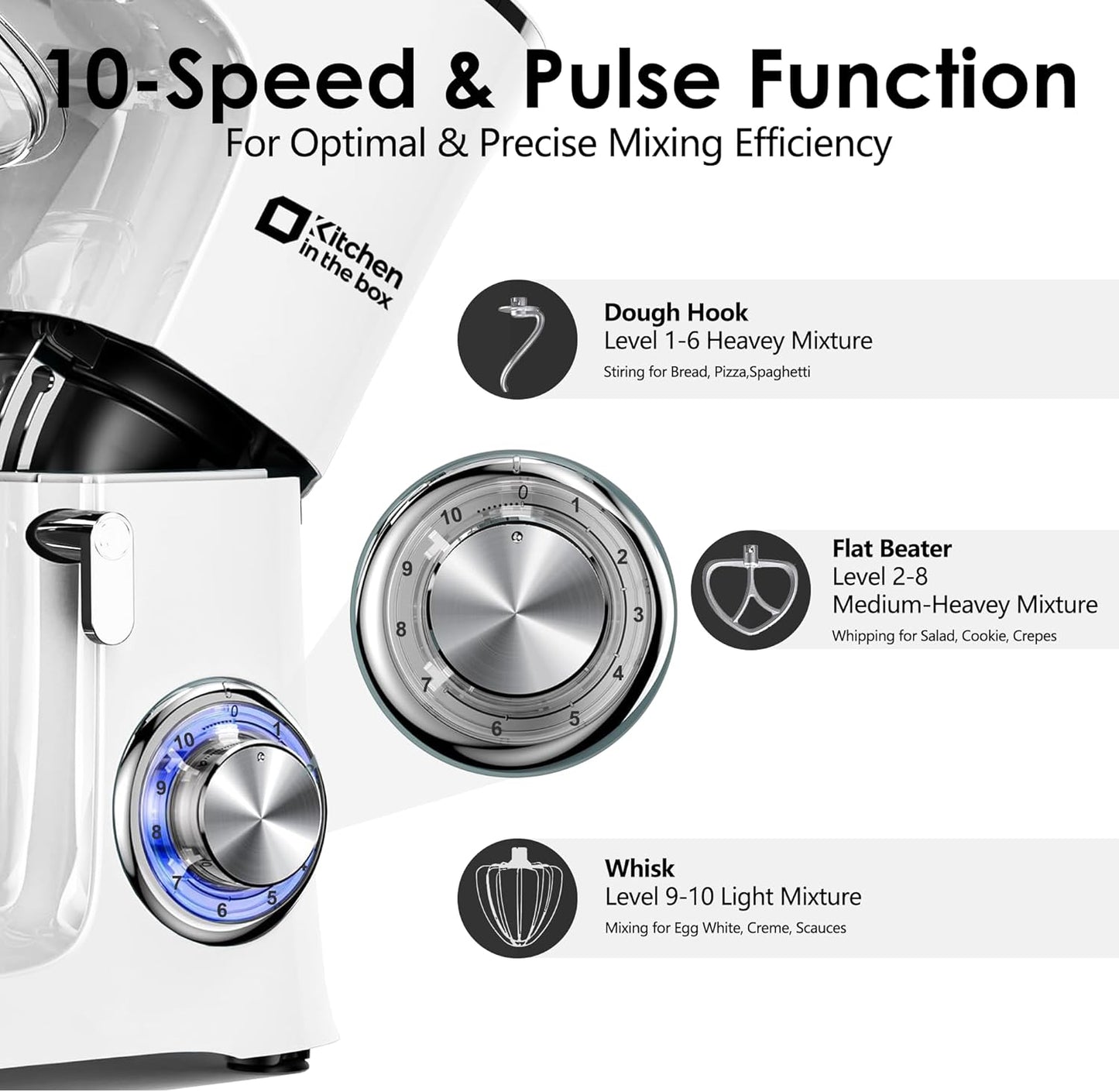 Kitchen in the Box Stand Mixer, 900W 8.5 QT Kitchen Electric Mixer, 10-Speed Large Capacity Tilt-head Food Mixer with Dough Hook, Wire Whip, Flat Beater & Splash Guard (White)