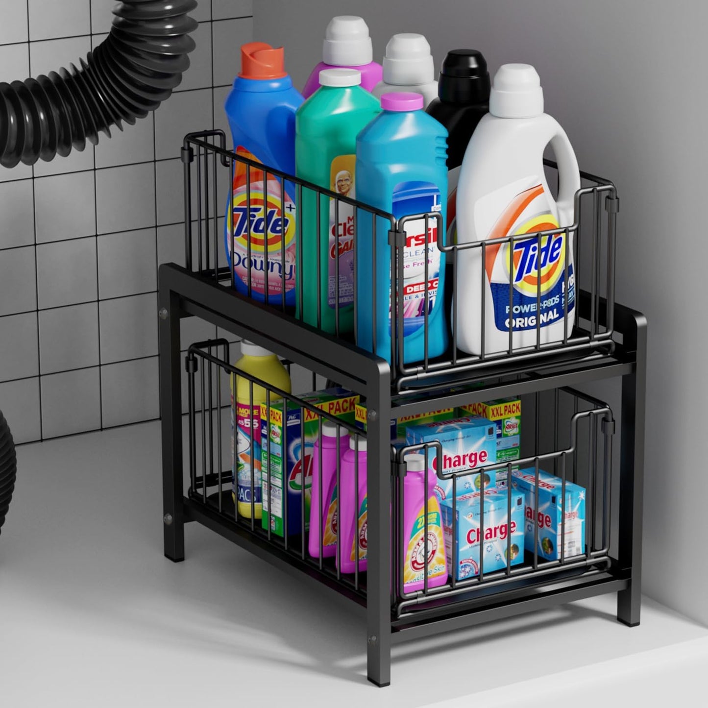 2 Tier Sliding Basket Drawer Organizer, Lxmons Pull Out Under Sink Cabinets Organizers, Metal Home Shelf for Bathroom or Kitchen, Sliding Countertop or Pantry Storage Shelf, Large Black