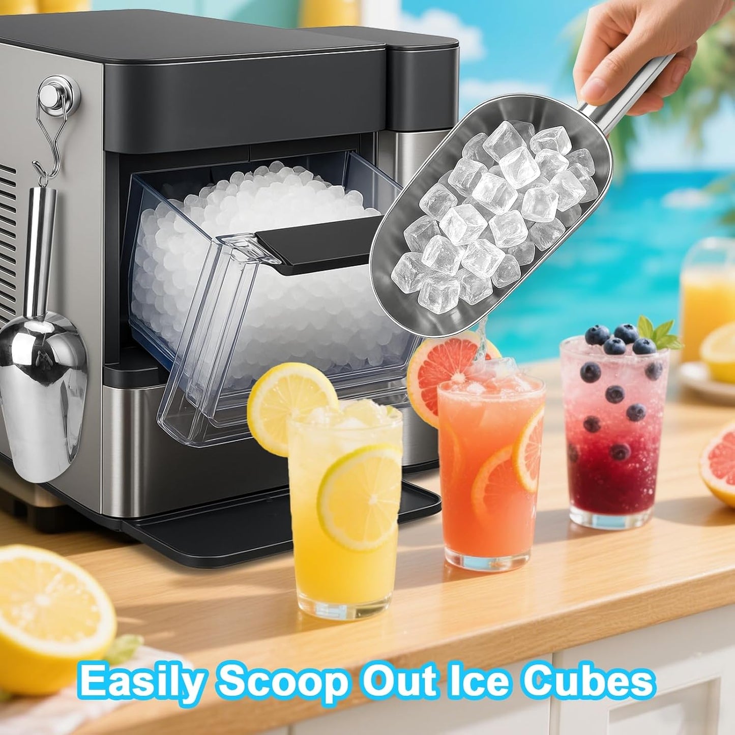 Stainless Steel Ice Scoop for Freezer with Magnetic Hook - Ice Scoop for GE Profile Opal 2.0 Nugget Ice Maker, for Kitchen Bar Party Accessories (Large)