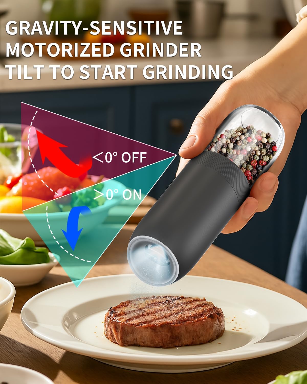 CIRCLE JOY Gravity Electric Salt and Pepper Grinder Set Battery Powered Automatic Pepper Mill Grinders with 176ml Container, Adjustable Coarseness, Bright LED Light and One Hand Operation, Black