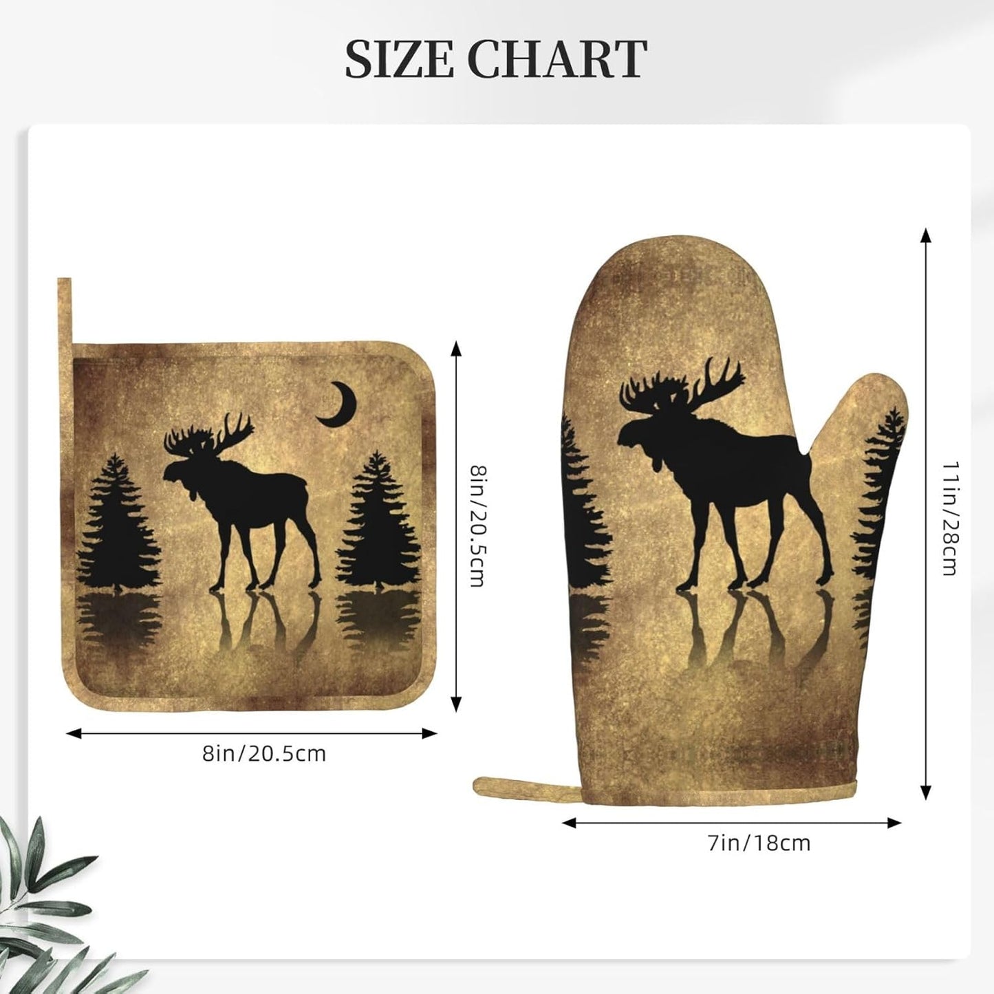 Rustic Elk Moose Deer Forest Pine Tree Moon Design Oven Mitts and Pot Holders Sets Silicone Moose Kitchen Mitts Potholders Heat Resistant 4Pcs Moose Oven Gloves Hot Pads for Kitchen
