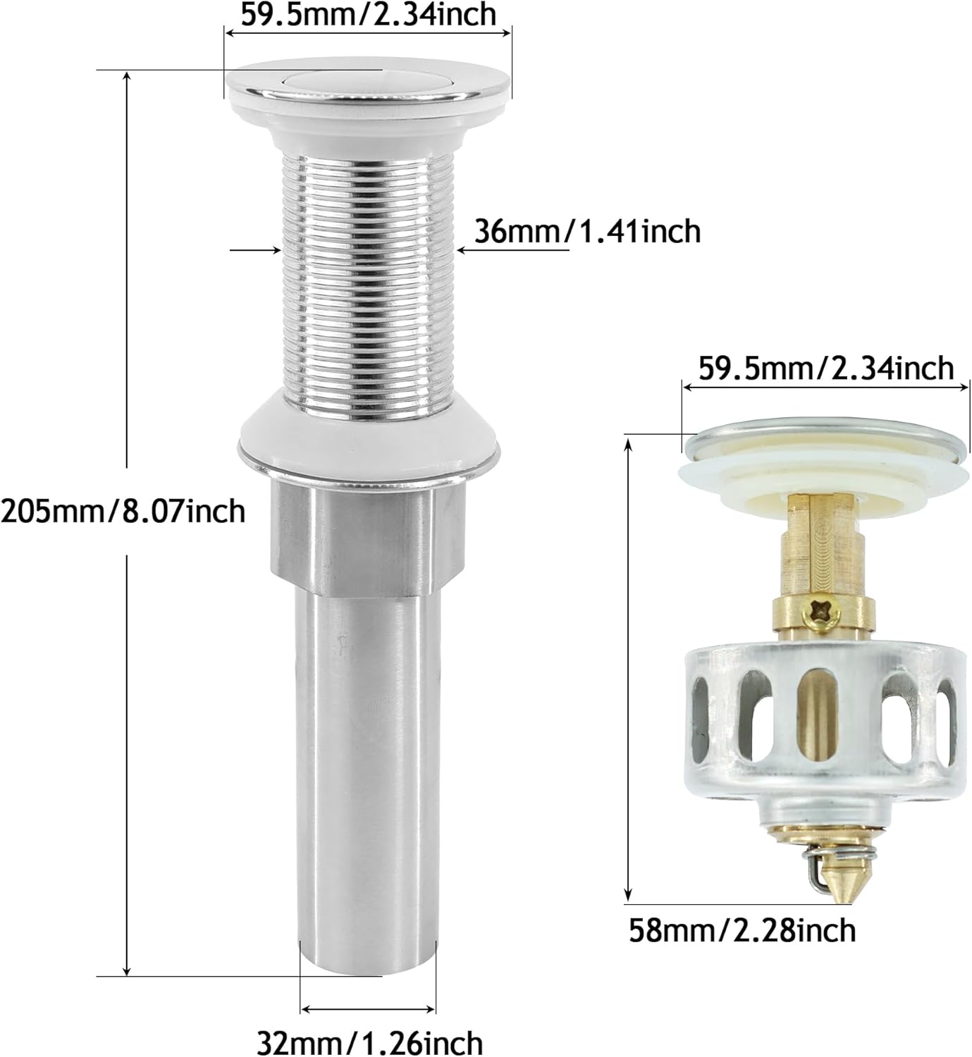 Bathroom Sink Drain,2 Pack Drain Stopper Without Overflow,Small Cap Pop Up Drain Assembly with Detachable Strainer Basket,Built-in Anti-Clogging, Stainless Steel Nut Brushed Nickel